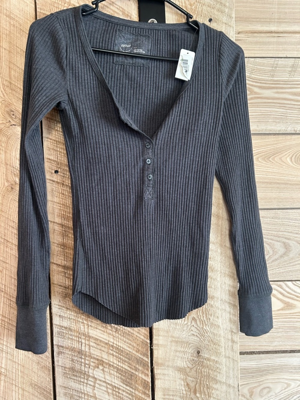 aerie Ribbed V-Neck Henley Long Sleeve Top - Charcoal